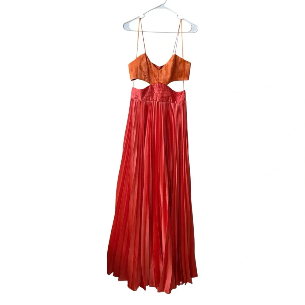 AMUR Elodie Pleated Colorblock Two Tone Maxi Dress in Coral Orange Sz 6 - Picture 2 of 7